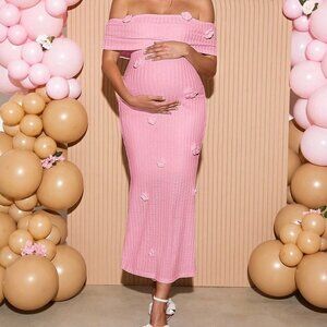 Pink Elegant Women's 3d Floral Off Shoulder Fitted Maternity Baby Dress